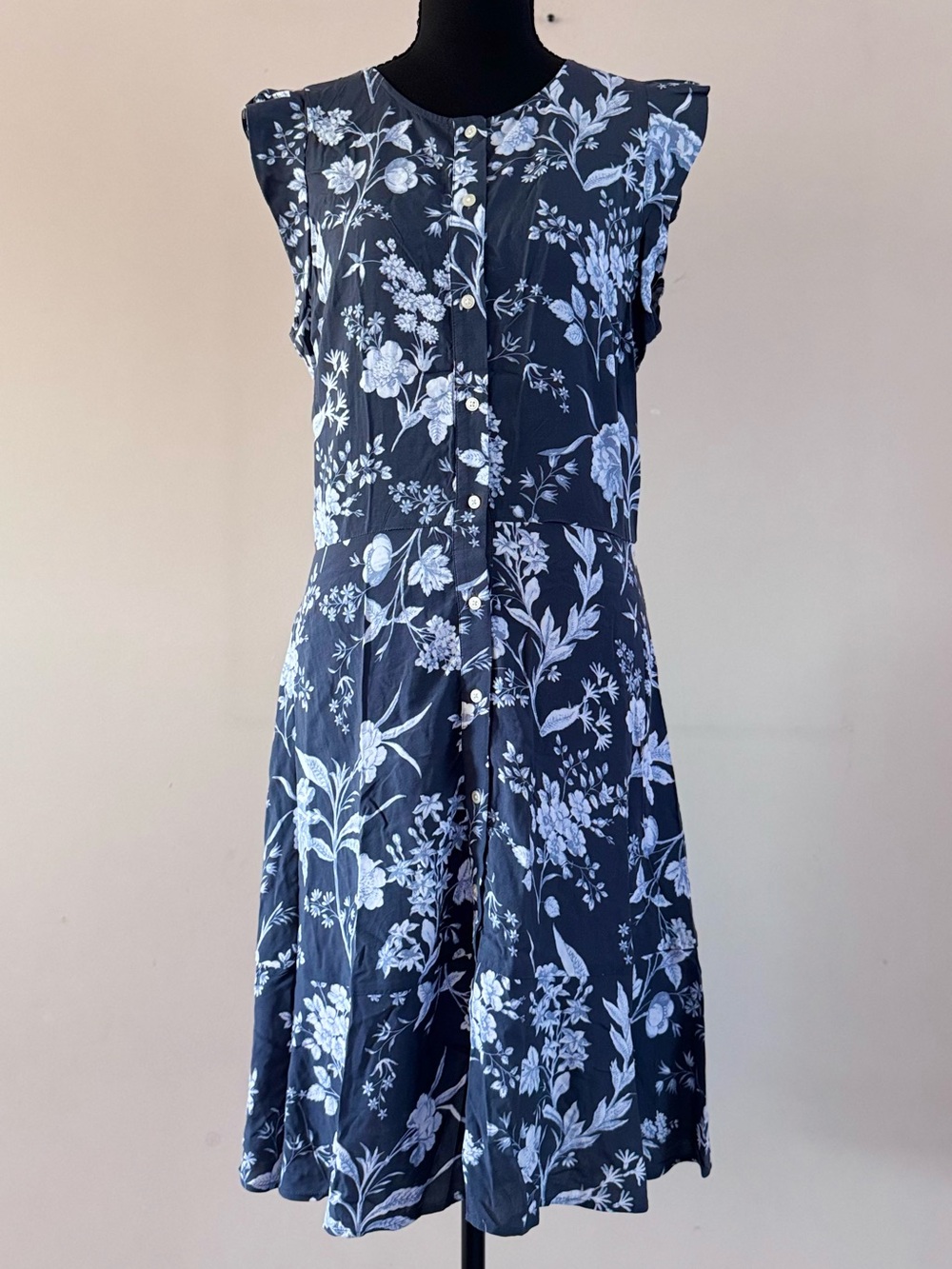 LOFT Navy and White Floral Button-Front Sundress